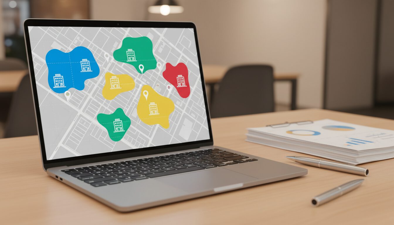 Digitale Gebietskarte mit markierten Filialstandorten und Verteilzonen auf einem Laptop-Bildschirm