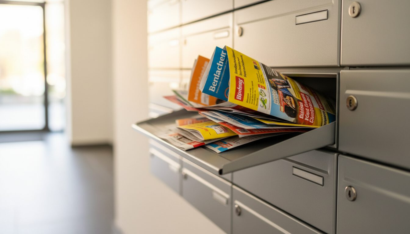 Geöffneter Briefkasten mit bunten Werbeprospekten und Handzetteln in einer Wohnanlage