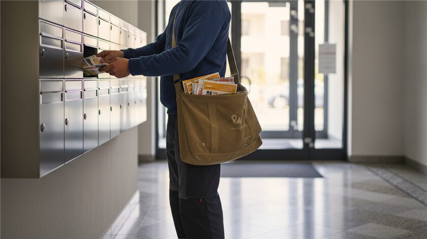 Professionelle Prospektverteilung – geschulter Verteiler legt Werbeprospekte in Briefkästen eines Wohngebiets