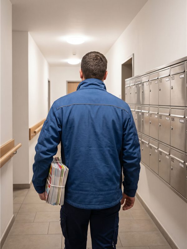 Verteiler mit Werbematerialien vor Briefkastenanlage in Wohnhaus