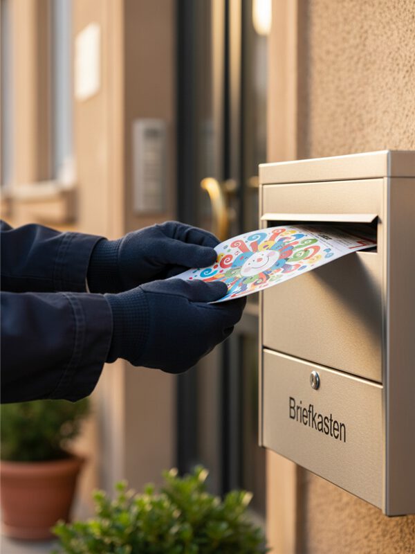 Hände legen einen farbigen Werbeflyer in einen modernen Briefkasten