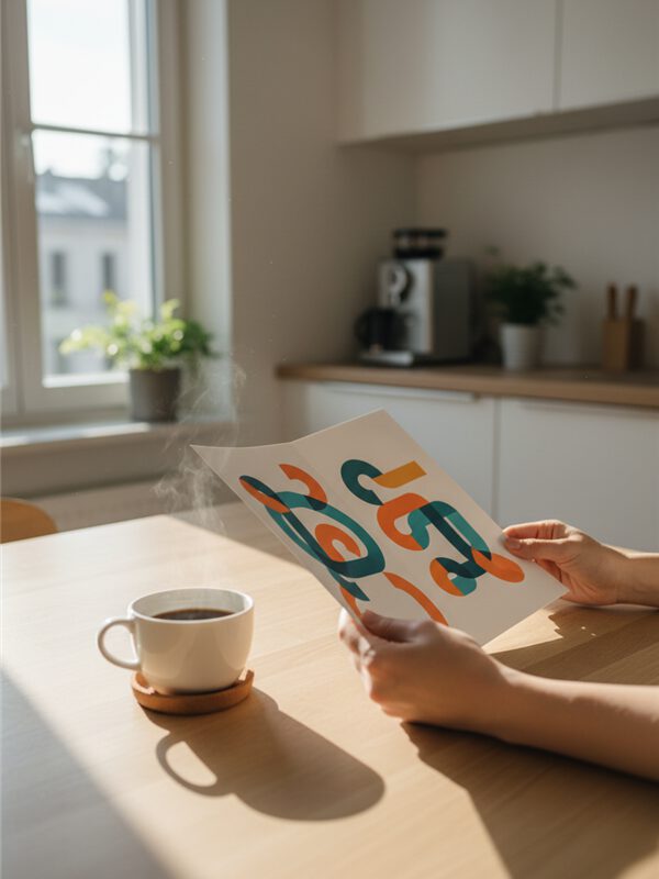 Person hält eine Werbebroschüre am Küchentisch neben einer Tasse Kaffee